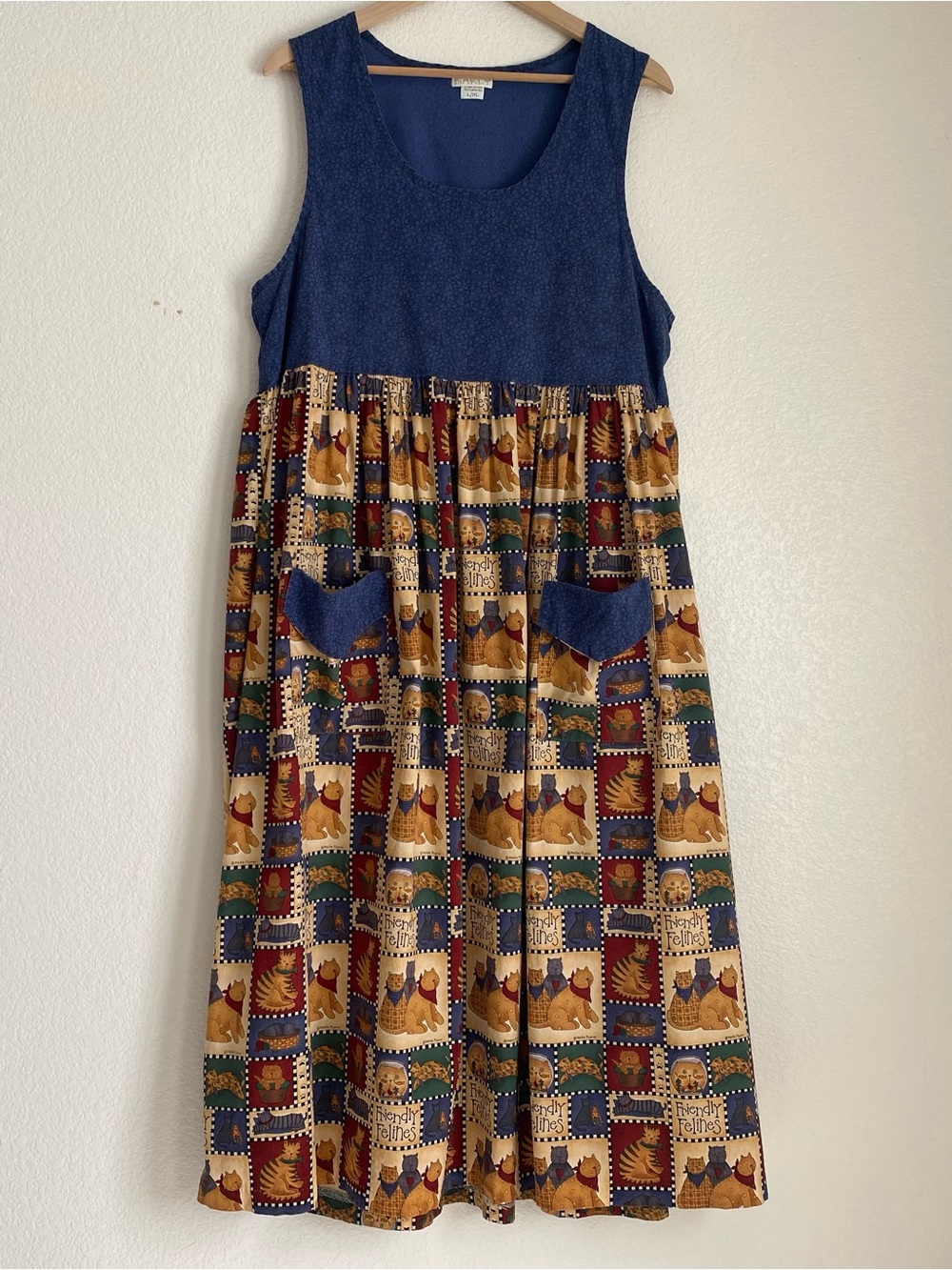 Vintage Karly patchwork cat themed skirt jumper dress, L/XL